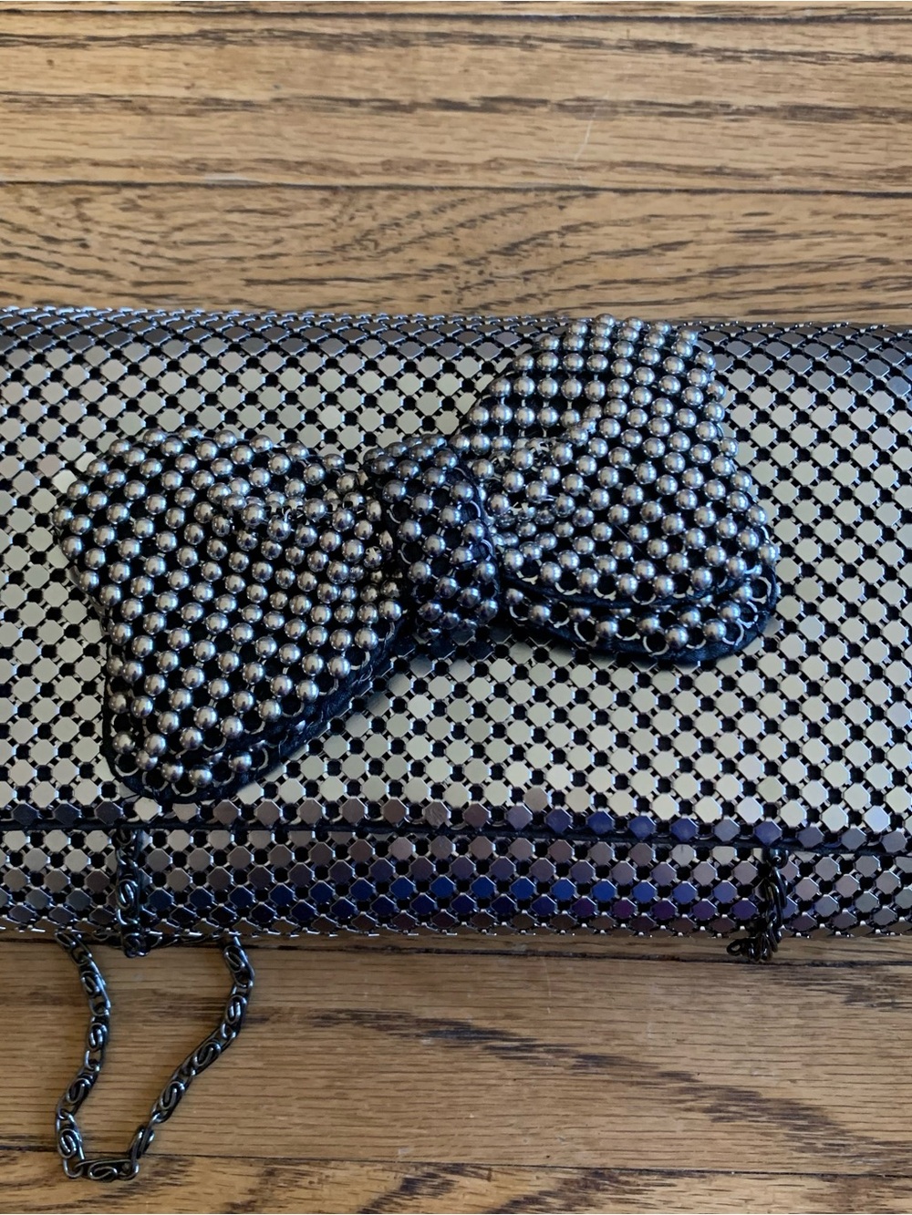 Jessica McClintock Silver Metal Mesh Crossbody Bag Bow Chain mail Clutch